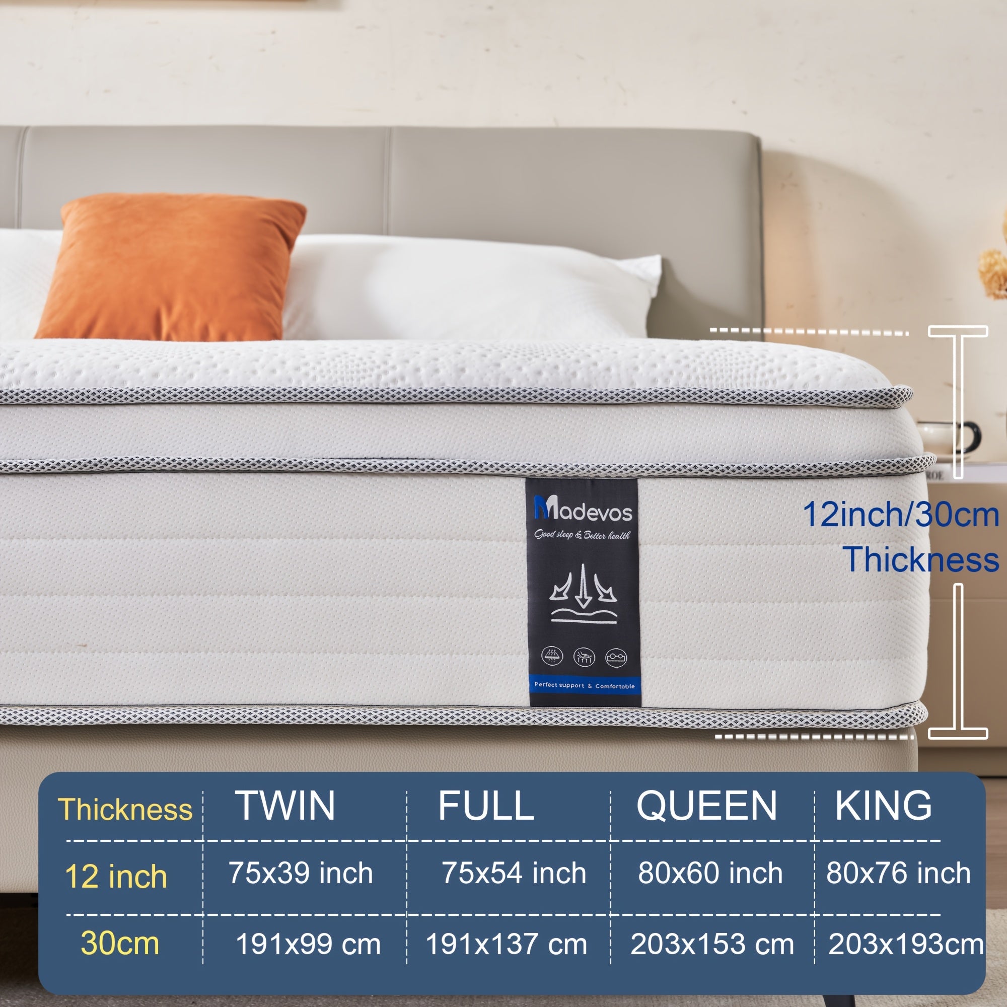 12 Inch Multilayer Hybrid Full Mattress Queen Mattress- Multiple Sizes & Styles Available, Ergonomic Design With Memory Foam And Pocket Spring, Medium Firm Feel