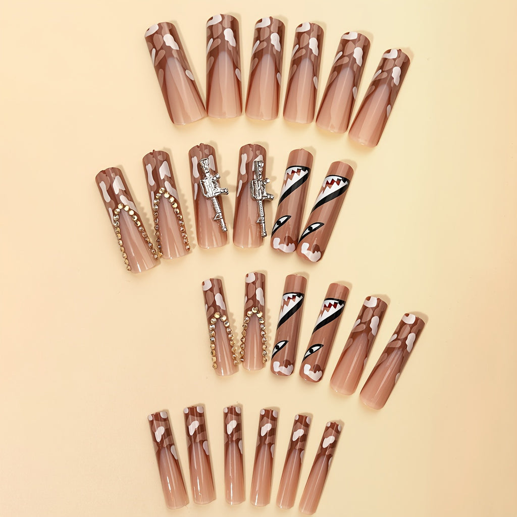 24pcs Luxury Coffin Shape False Nails Set - Mixed Color System, Super Long Square Nail Tips, Champagne Rhinestones, Shark Teeth Design, Glossy Finish, Nail File & Jelly Glue Strip Included, Perfect for Salon or Personal Use