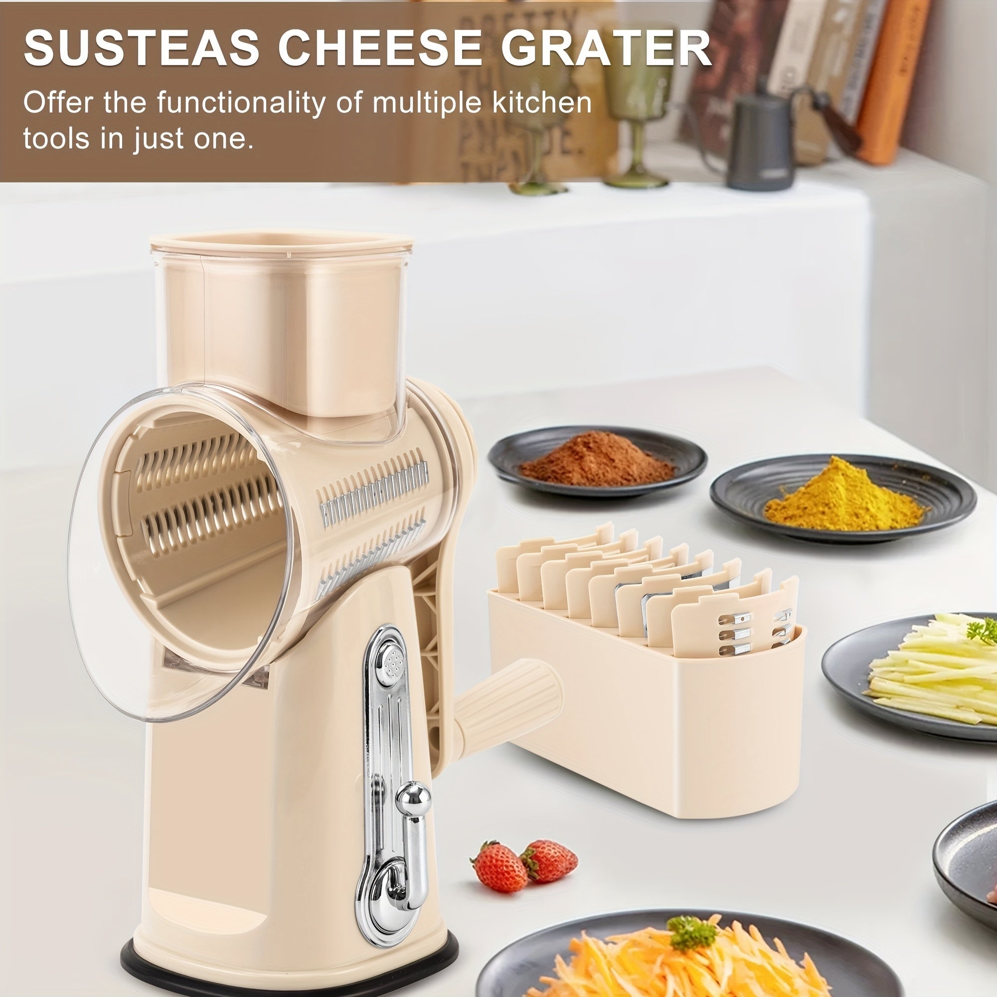 Rotary Cheese Grater With Handle - Vegetable Shredder With 5 Well-designed Blades & Strong Suction Base, Round Mandoline Slicer & Food Chopper For Kitchen, With Blade Storage Box(Beige, Retro Green)
