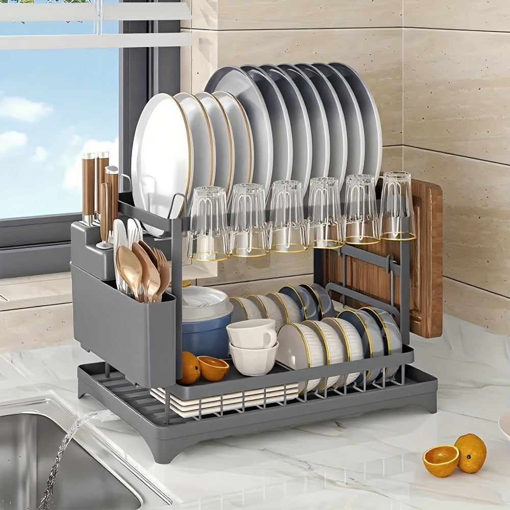 2-Tier Heavy-Duty Metal Dish Drying Rack with Drainboard - Space-Saving Black Kitchen Organizer with Upper & Lower Shelves, Utensil Holder & Cup Hooks, Compact Dish Drainer for Small Kitchens, Durable Rust-Resistant Design fo