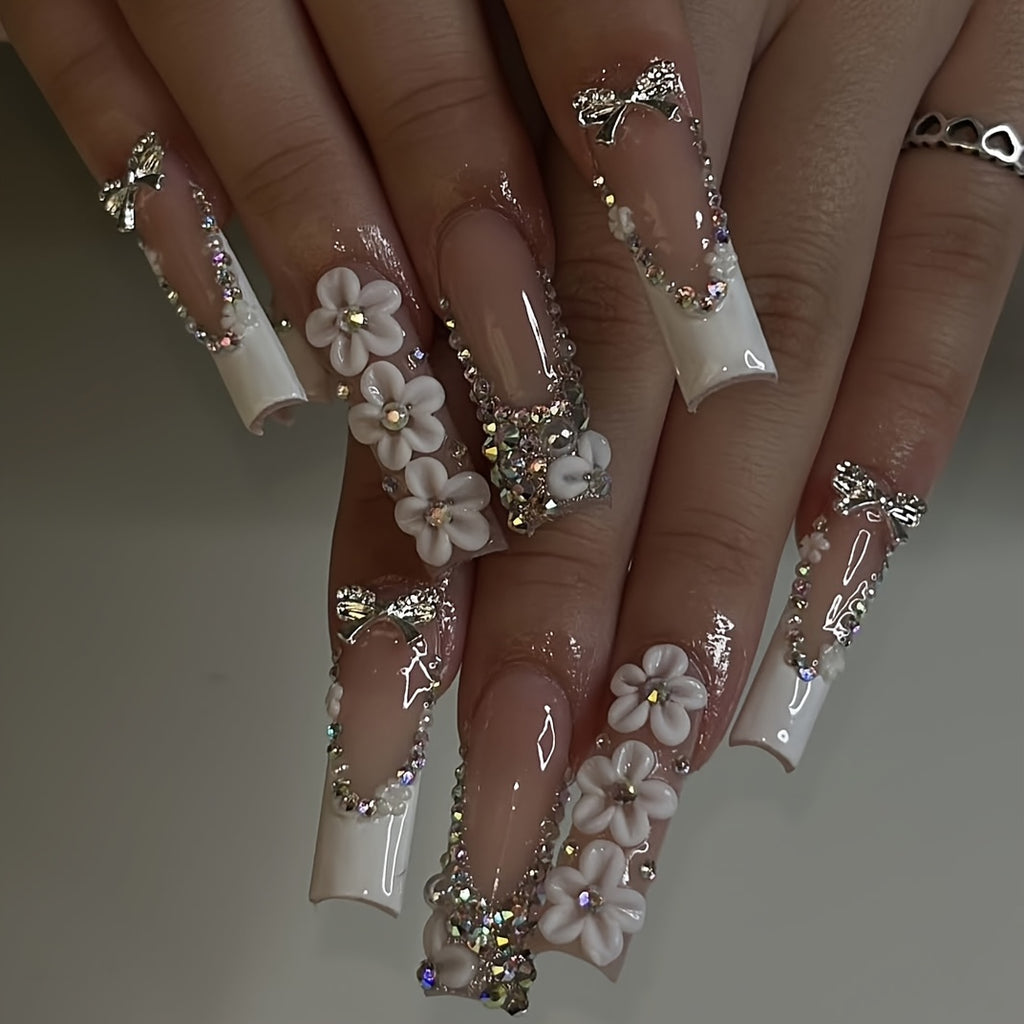 10pcs Handcrafted Press-On Nails Set for Women, Super Long Square Shape, Nude & Fair Tones, 3D Floral & Glitter Patterns, Glossy Finish, Reusable Full Cover Nail Art with Rhinestones and Metallic Accents