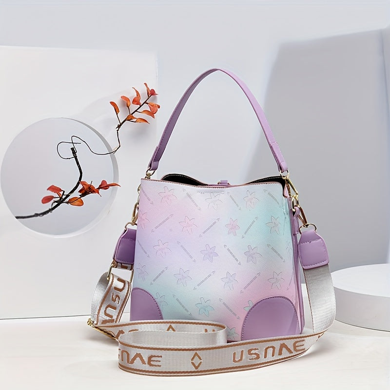 [Trendy Bucket Bag] Trendy Ombre Bucket Bag | Letter Print Handbag, Fashion Buckle Decor, Women's Every Day Purses