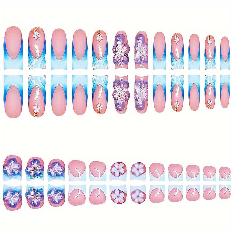 [Fake Nails Set] 48pcs Square Fake Nails Set, 3D Pure Desire Flower Spiral Nail Tips, Includes Nail File and Jelly Glue in the Box for Easy Application, Suitable for All Women