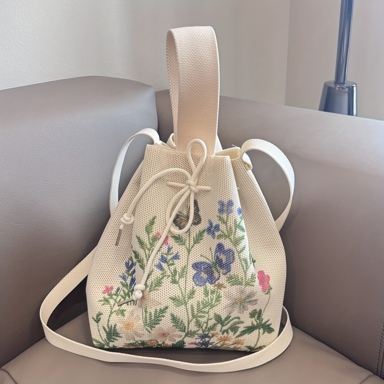 Floral Print Knit Drawstring Bucket Bag – Elegant Polyester Crossbody & Shoulder Bag for Women, Beige with Vibrant Floral Designs, Perfect for Daily Use or Shopping, Versatile Carryall | Lightweight Construction