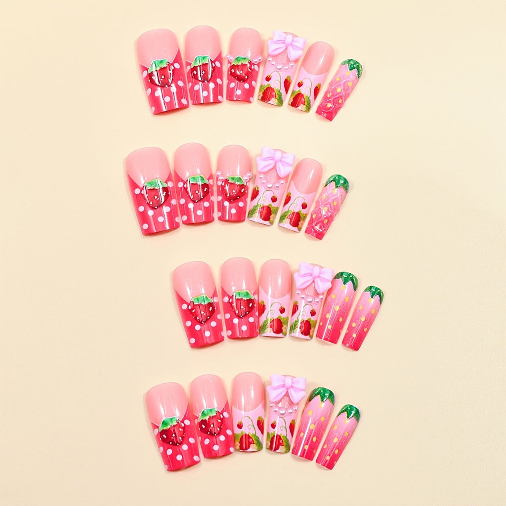 [French Bow Strawberry Nails] 24pcs French Bow Strawberry 3D Square Press-On Nails with Jelly Glue File