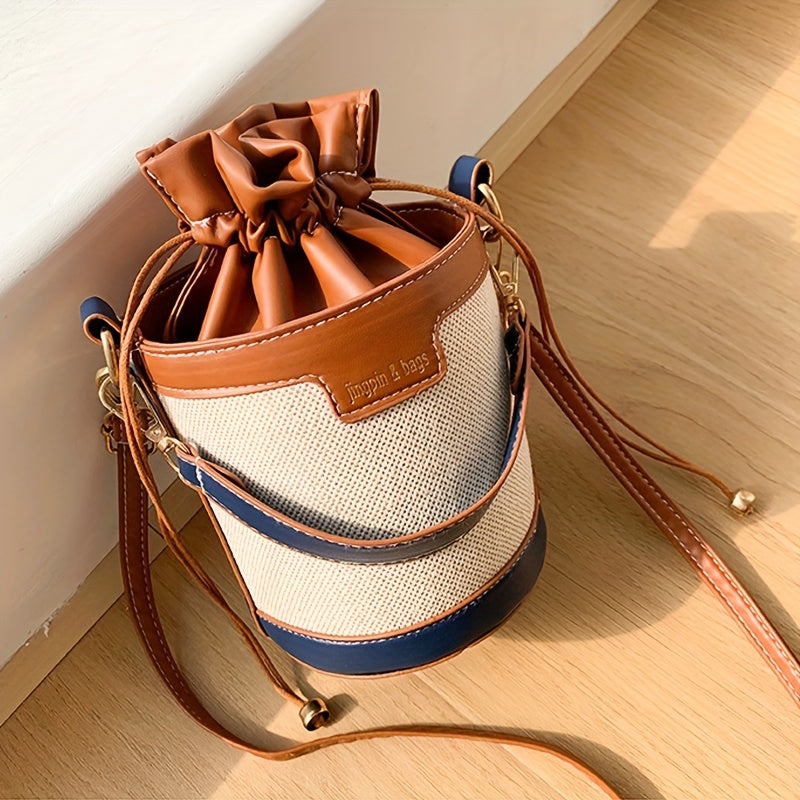 [Vintage Bucket Bag] Lightweight Vintage Style Shoulder Bucket Bag for Women | Messenger Bag with Adjustable Strap, Drawstring Closure, Polyester Lined, No Pattern - Crossbody Bag
