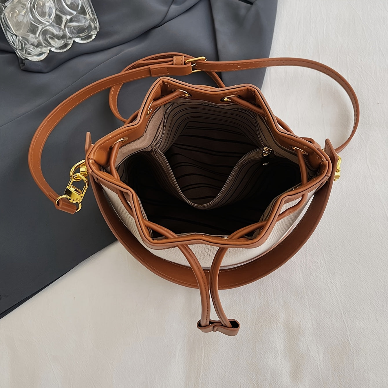 Wo 's Bucket Bag with Braided Rope Closure - Beige & Brown Casual Handbag, Detachable Strap for Shoulder   or Hand Carry, Spacious Everyday Tote for Work & Outings