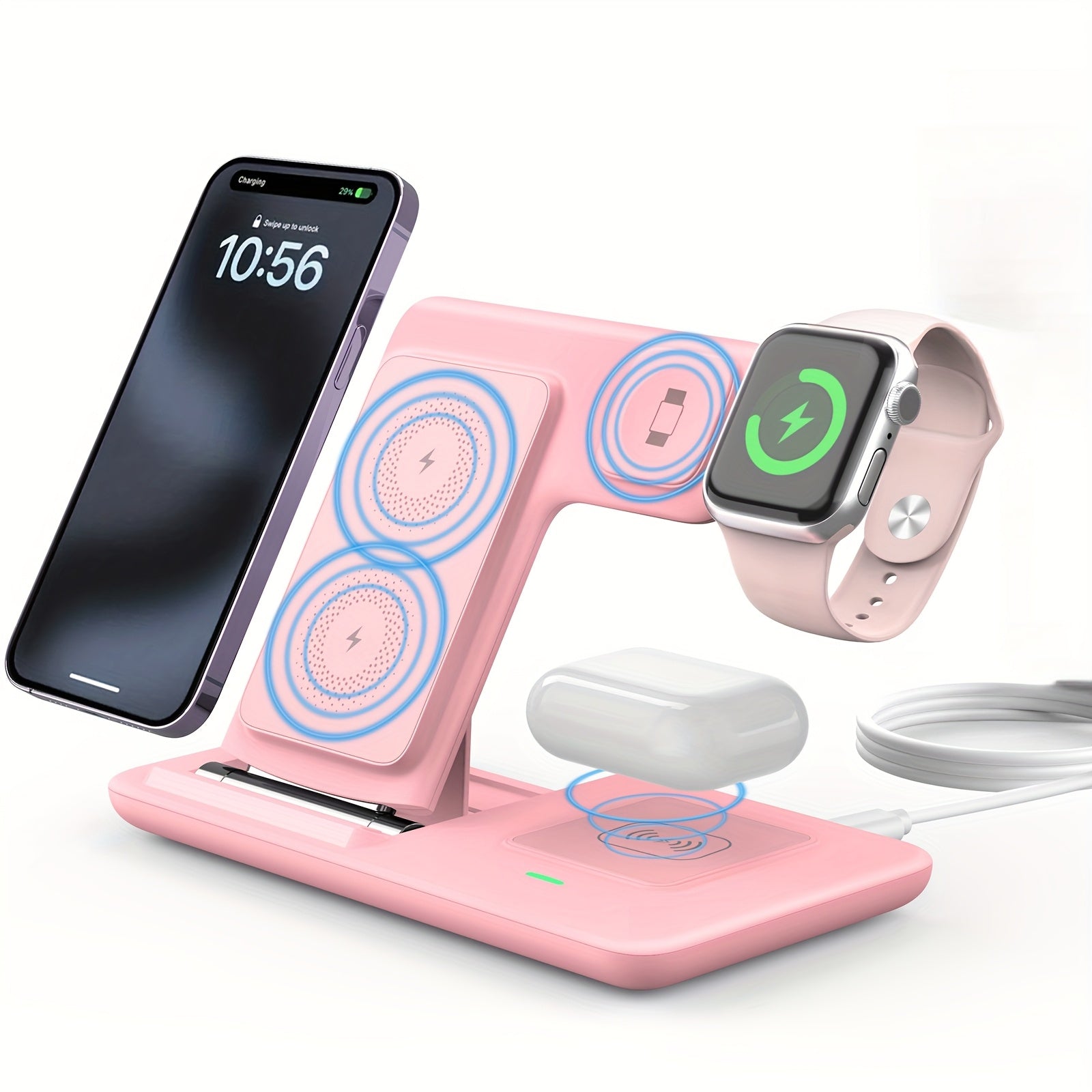[3-in-1 Wireless Charger] 3-in-1 Magnetic Wireless Charging Station for iPhone 15/14/13/12/11/Pro/Max/Mini/Plus, X, XR, XS/Max, SE, 8/Plus, iWatch 1-9 & AirPods 3/2/Pro - USB Charger with Adjustable Stand, Compact Design, No