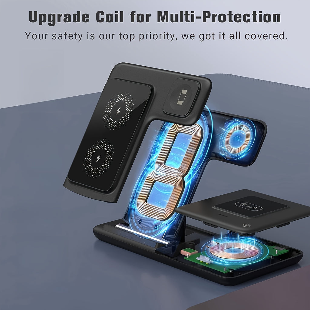 [3-in-1 Wireless Charger] 3-in-1 Magnetic Wireless Charging Station for iPhone 15/14/13/12/11/Pro/Max/Mini/Plus, X, XR, XS/Max, SE, 8/Plus, iWatch 1-9 & AirPods 3/2/Pro - USB Charger with Adjustable Stand, Compact Design, No