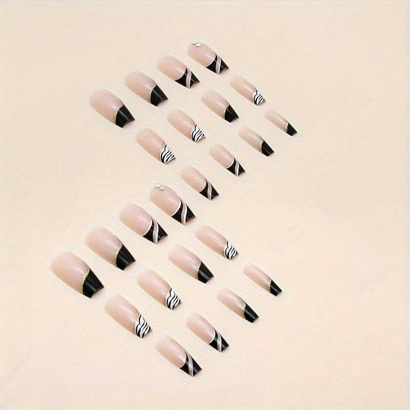 24pcs Medium-Length French-Style Ballet Press-On Nails, Black and White Zebra Print with Minimalist Rhinestone Design, Removable Press-On Fake Nails with Jelly Glue and Nail File, for Women and for Holidays, Parties, or Daily