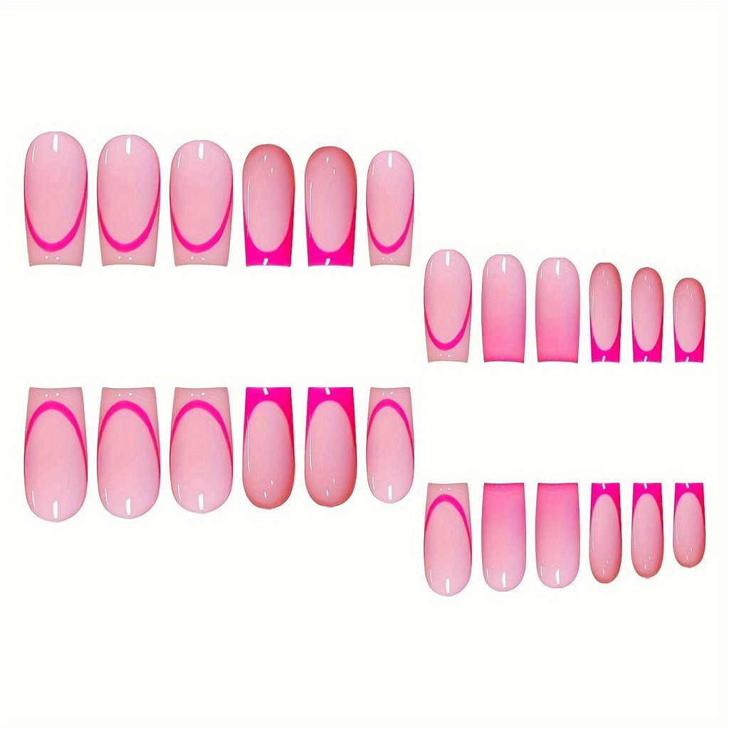 24pcs Pink Square Medium Length Press-On Nails with Glossy French Gradient Design, Fashionable Sweet Simple Style, Removable for All Women and Girls, Includes 1 Gel and 1 Nail File