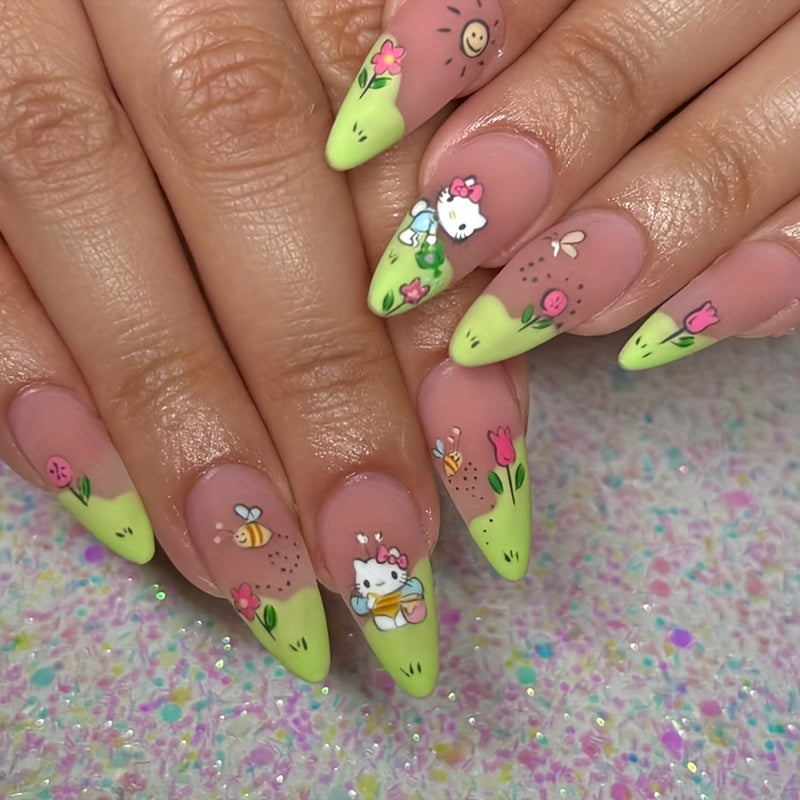 24pcs Short Almond Summer Cute Sanrio Cartoon Hello Kitty Colorful Sunflower Bee Pattern Green French Edge Full Cover Fake Nail Stickers Set for Women & s