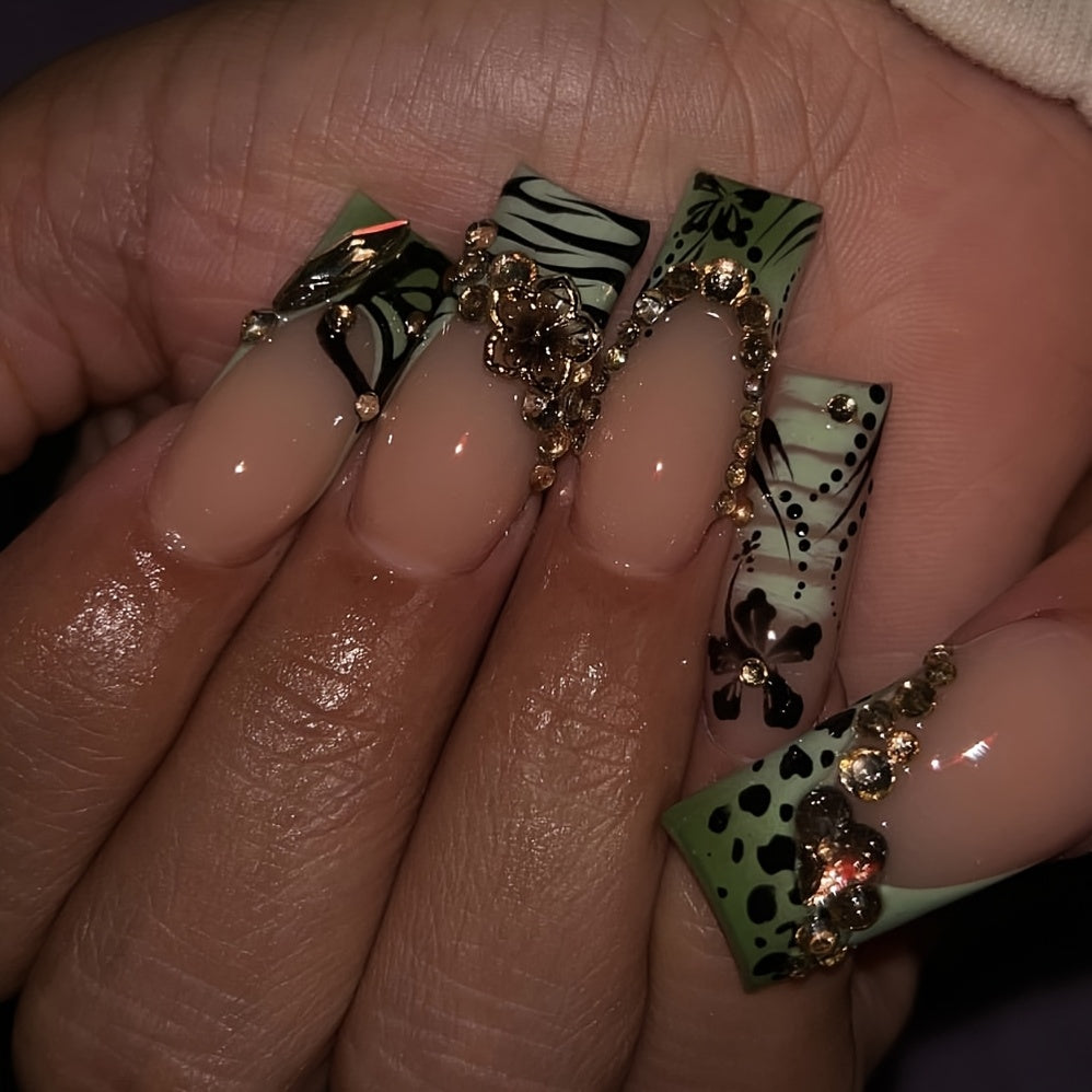 10pcs Handmade Press On Nails Green French Tip Fake Nails with Leopard Zebra Print Design, 3D Butterfly Rhinestone Stick On Nails, Glossy Long Coffin False Nails for Women Girls