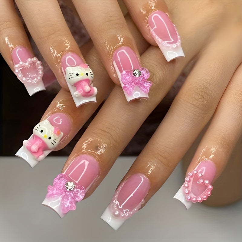 Glam Up with 24pcs Medium-Long Square Cartoon Hello Kitty Bow Heart Rhinestone French Tip Full Cover Nail Set for Women & s