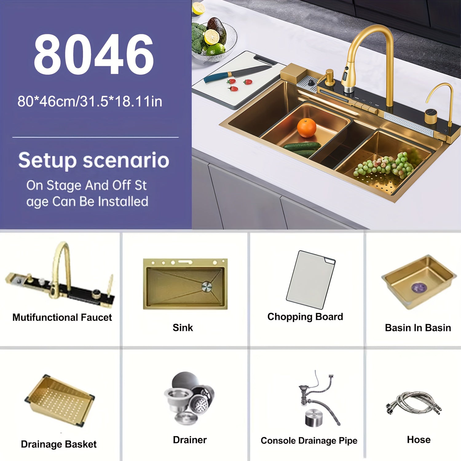 Digital Display Waterfall Sink, Single Bowl Kitchen Sinks, Stainless Steel Bar Sink With Pull Down Sprayhead Faucet, Smart Modern Kitchen Sink, Full Set Of Accessories, Gun Gray & Brushed Golden, 1 Set
