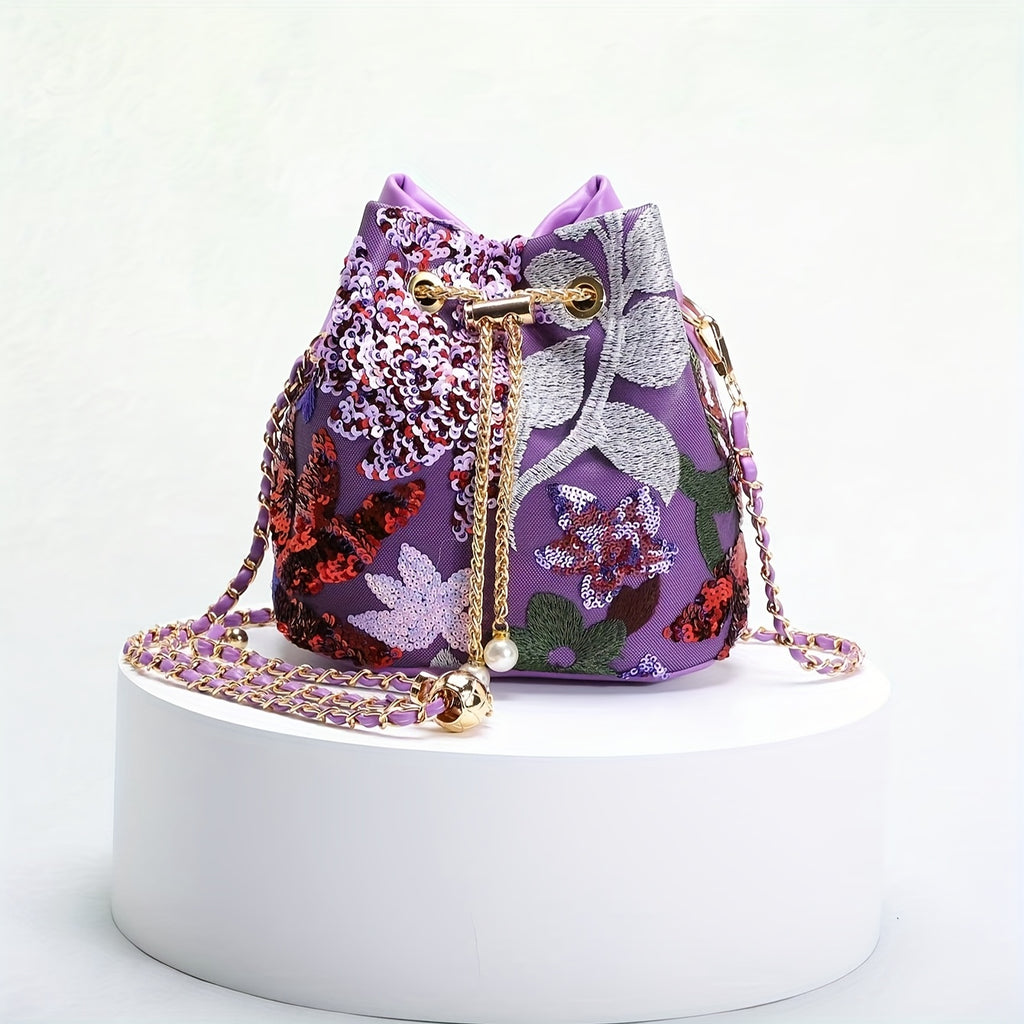 Elegant Retro Chinese Style Floral Sequin Bucket Bag for Women - Nylon Crossbody with Golden Chain Strap, Drawstring Closure, and Vibrant Purple & Red Patchwork Design, Ladies Bag