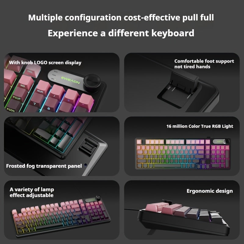 EWEADN Wired Silent Gaming Keyboard with RGB Backlit, Side-Printed Gradient Keycaps, Ergonomic Design & Multimedia Knob Control - USB-Powered for PC, Laptop, Desktop, Windows, Mac, Workstation Use, Gaming Accessories, Profess