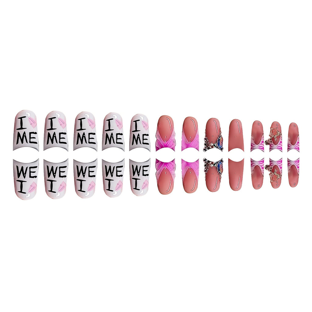 [24pcs Luxurious Press-On Nails Set] 24pcs Set Luxurious Duckbill-Shaped Press-On Nails, Short Length, with Glitter, Stars, and Heart Pendants, Pink and White Glossy Finish, with Nail File and Jelly Glue, for Women and Girls,