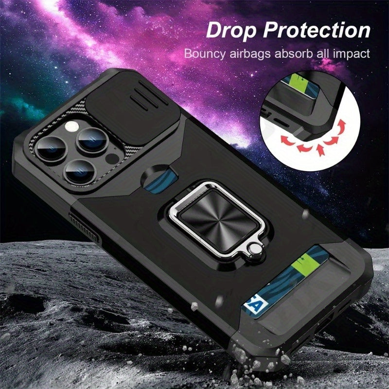 A Protective Case Suitable for Iphone 16, 15, 14, 13, 12, And 11 Pro Max And Plus Models, Featuring a Sliding Camera Slot And a Ring Stand.