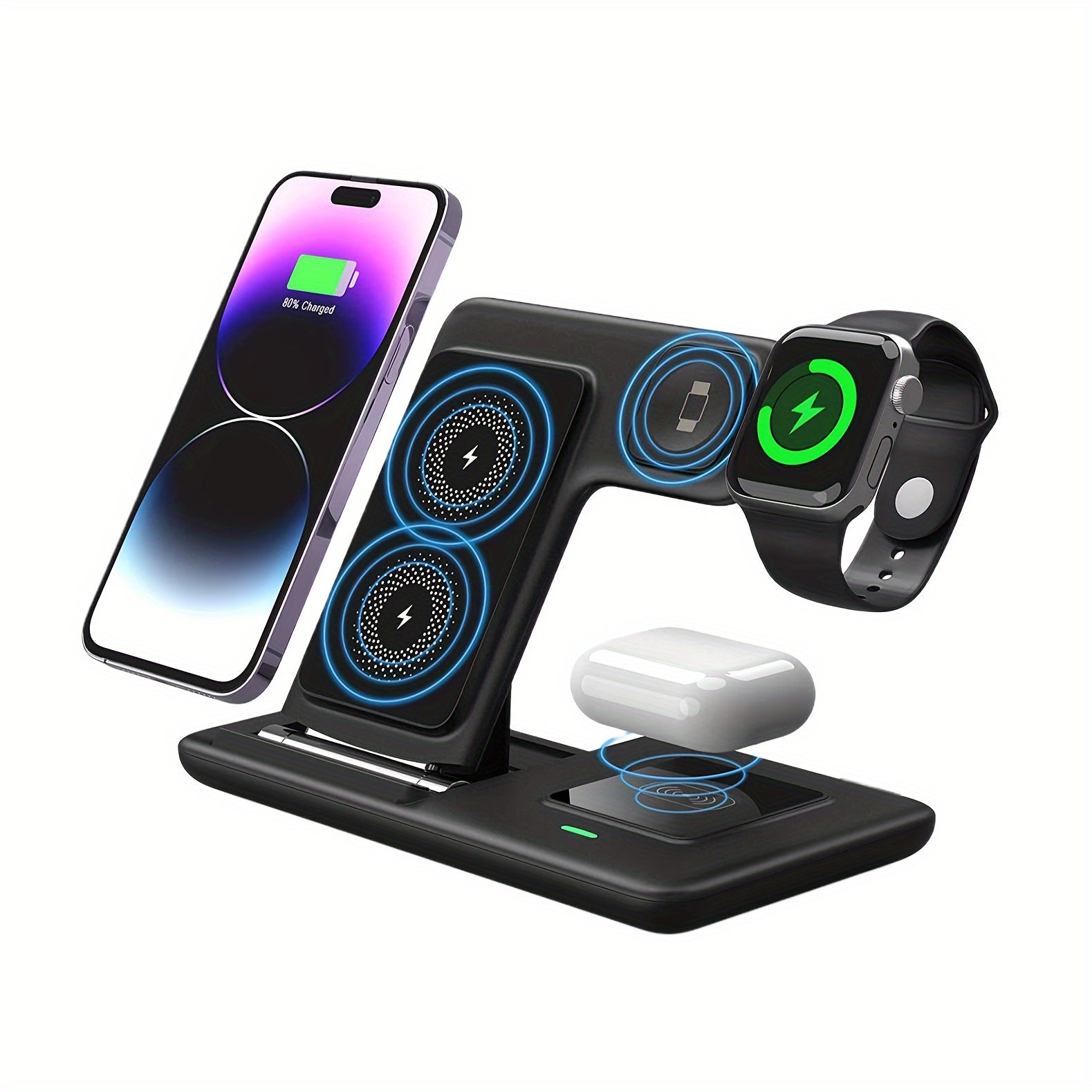 [3-in-1 Wireless Charger] 3-in-1 Magnetic Wireless Charging Station for iPhone 15/14/13/12/11/Pro/Max/Mini/Plus, X, XR, XS/Max, SE, 8/Plus, iWatch 1-9 & AirPods 3/2/Pro - USB Charger with Adjustable Stand, Compact Design, No