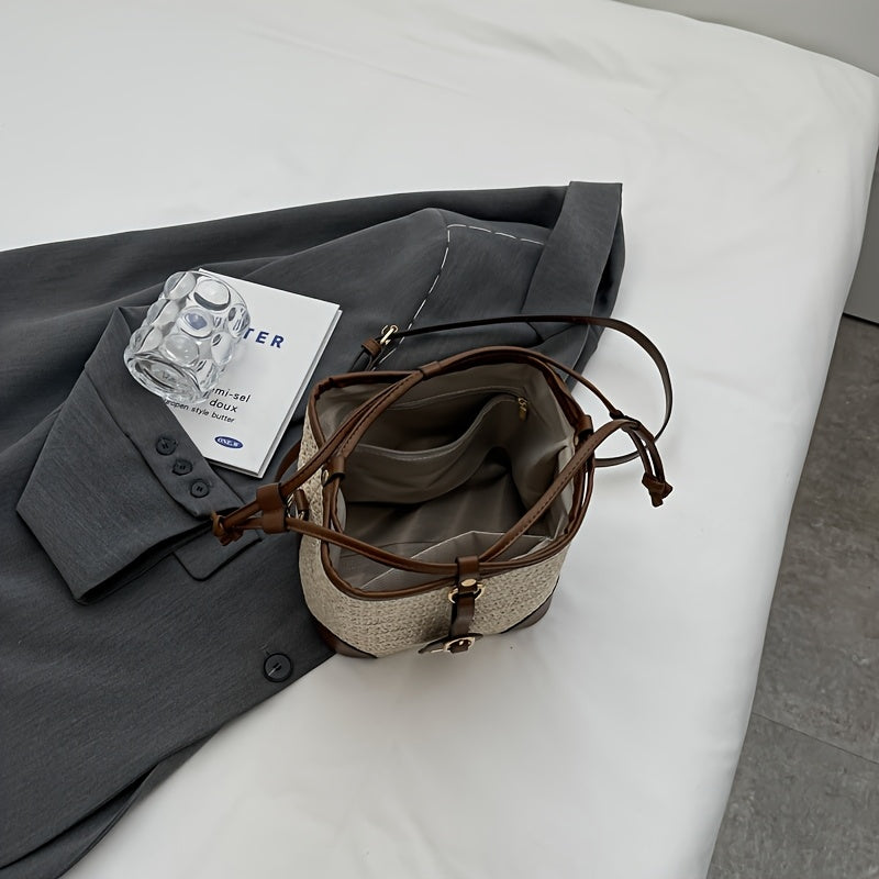 LABOONOO Women's Geometric Straw Bucket Bag - Hemp Crossbody Shoulder Purse with Adjustable Drawstring Closure, Beige & Brown Boho-Chic Design for Casual & Formal Occasions, Crossbody Purse