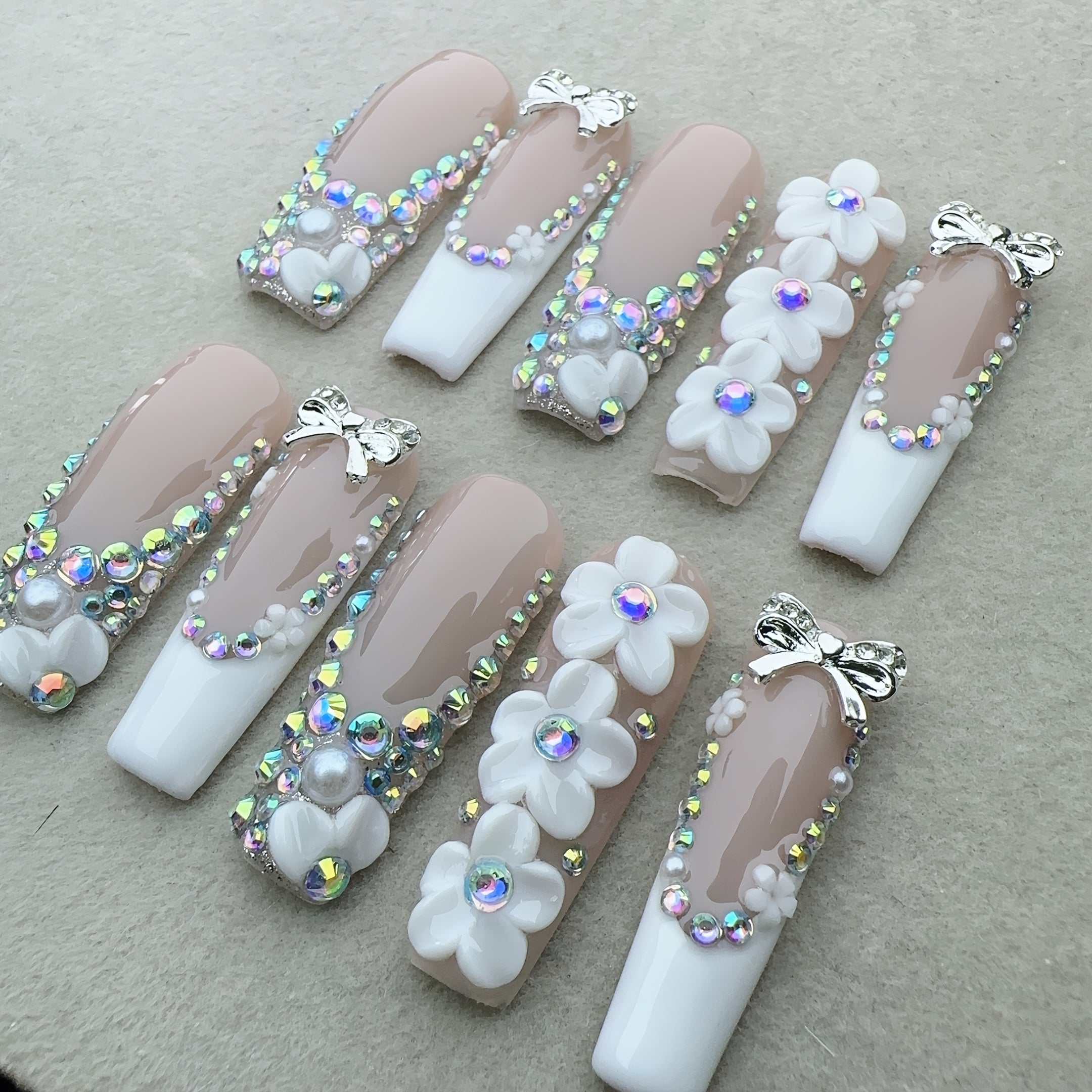 10pcs Handcrafted Press-On Nails Set for Women, Super Long Square Shape, Nude & Fair Tones, 3D Floral & Glitter Patterns, Glossy Finish, Reusable Full Cover Nail Art with Rhinestones and Metallic Accents