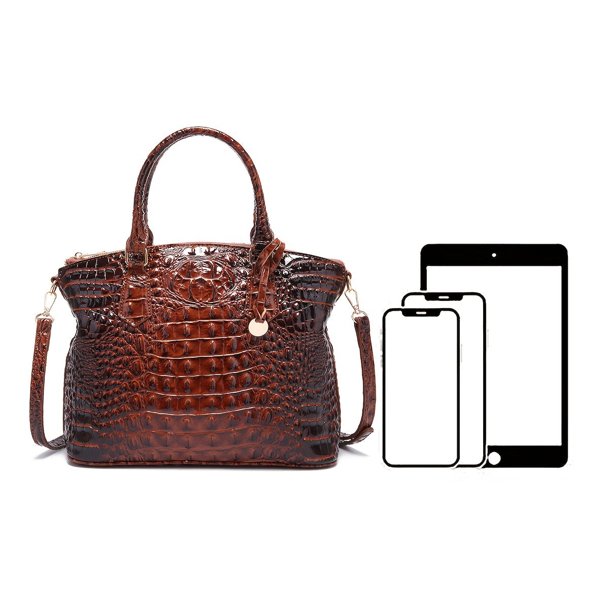 Luxurious crocodile patterned with three-dimensional pattern / metal round buckle decoration / dual handles and adjustable shoulder strap design / large capacity to meet the needs of commuting, business, and travel scenarios