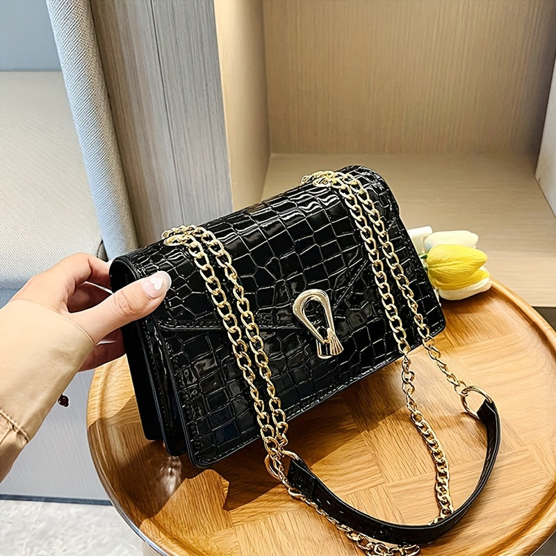 Pink Snake Print Crossbody BagFor Women, Stylish Women's Crocodile Pattern Handbag - Black Shoulder Bag With Detachable Strap Golden-Tone Hardware & Chain Strap, Crossbody Bag Purse Christmas Bags For Gifts Christmas Gift Bag