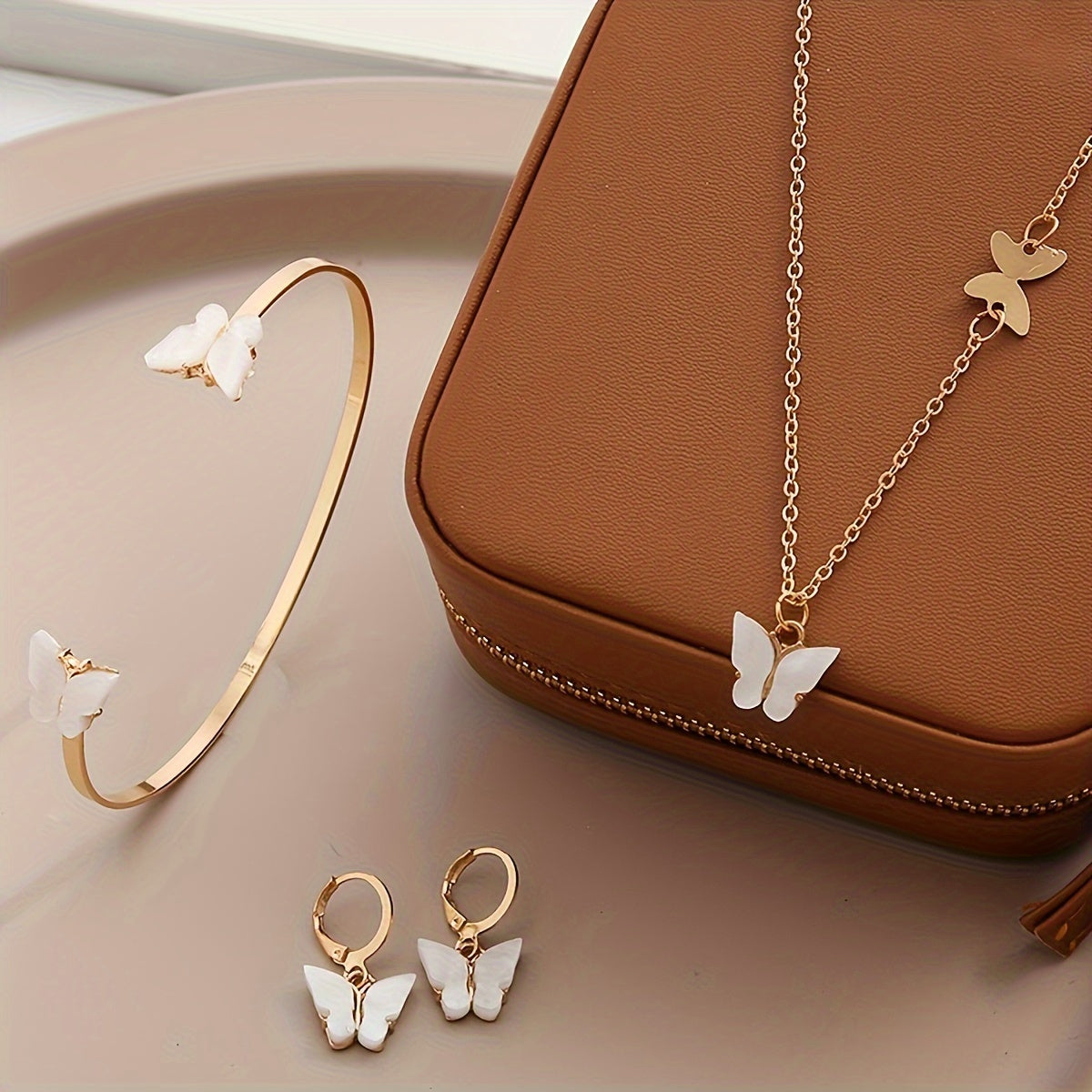 [Minimalist Jewelry] 4pcs Minimalist Butterfly Jewelry Set | Korean Open Bracelet Necklace Earring for Women, Perfect Gift