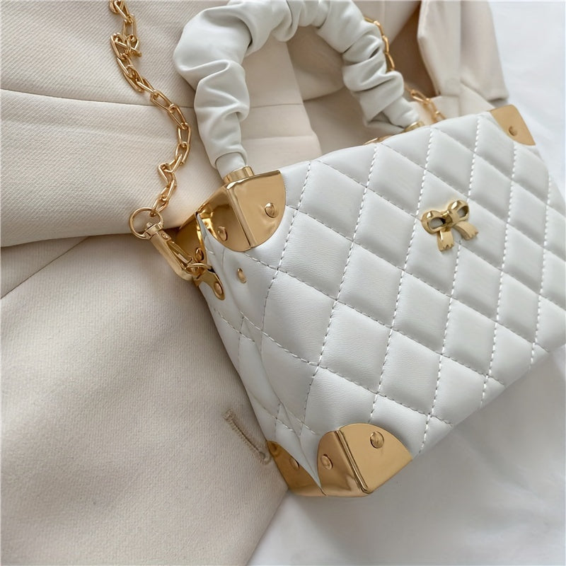 Elegant Quilted Diamond Pattern Mini Box Bag with Bow Accent - Women's Ruched Handle & Chain Strap   in Orange, Pink, White, Green, Black | Faux Synthetic Leather, Faux Fur Lined, Ladies Handbags