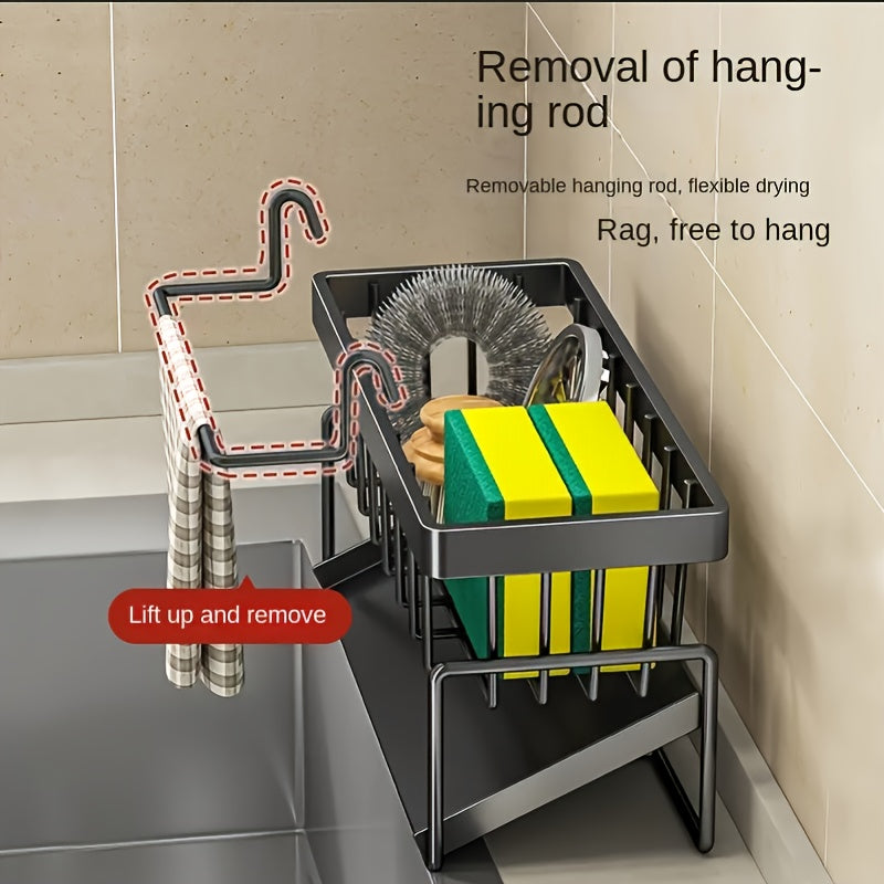 Heavy-Duty Metal Kitchen Sink Organizer Tray - Sink Drainage Rack with Built-in Sponge Holder, Dish Brush Slot - Space-Saving Countertop Organizer, Compatible with Standard Sinks - Easy to Clean Kitchen Storage Rack, Compact