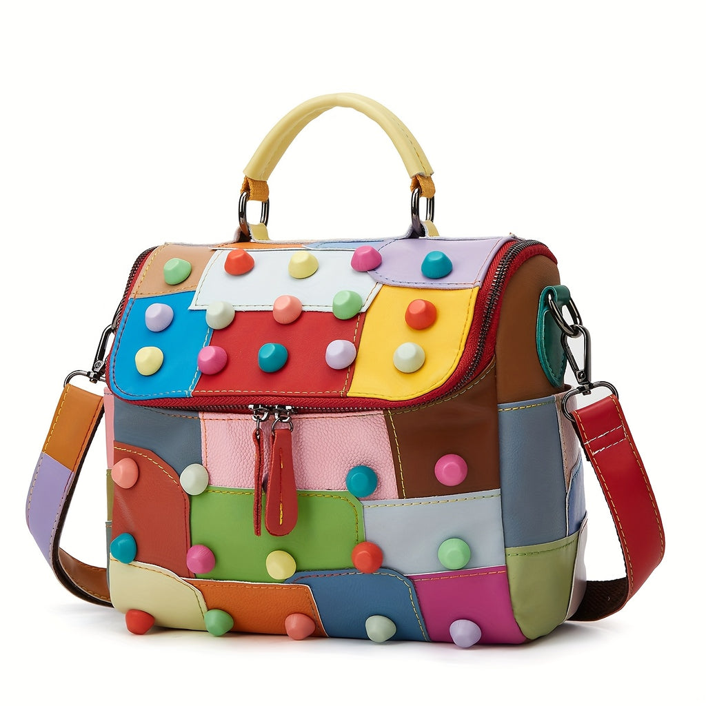 [Geometric Crossbody Bag] Light Brown Geometric Women's Crossbody Bag | Detachable Strap, Multi-Color Irregular Design, Zipper Closure, Spacious Tote with Back Pocket & Rivet Accents, Polyester Lining for Daily Commute & Casu