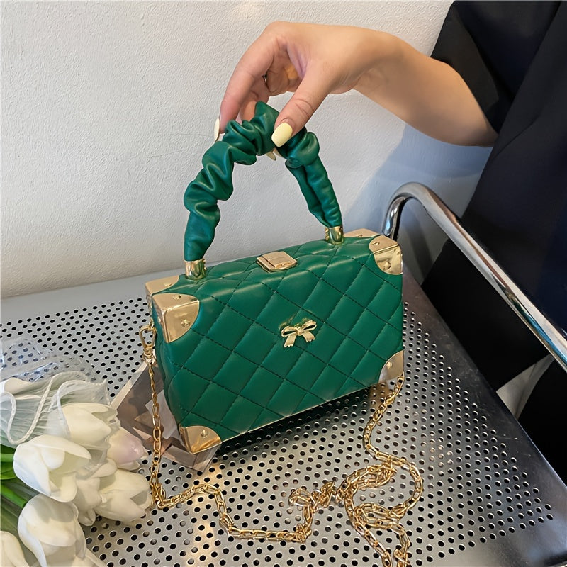 Elegant Quilted Diamond Pattern Mini Box Bag with Bow Accent - Women's Ruched Handle & Chain Strap   in Orange, Pink, White, Green, Black | Faux Synthetic Leather, Faux Fur Lined, Ladies Handbags
