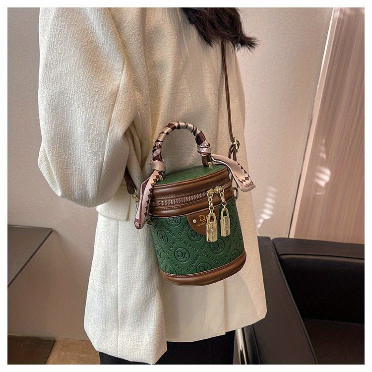 Chic Green Bucket Bag for Women - Stylish Crossbody with Golden-Tone Hardware, Zipper Closure, and Checkered Bow Accents - Perfect for Casual or Formal Outfits, Casual Accessory | Checkered Bow Accent | Zipper Closure Bag