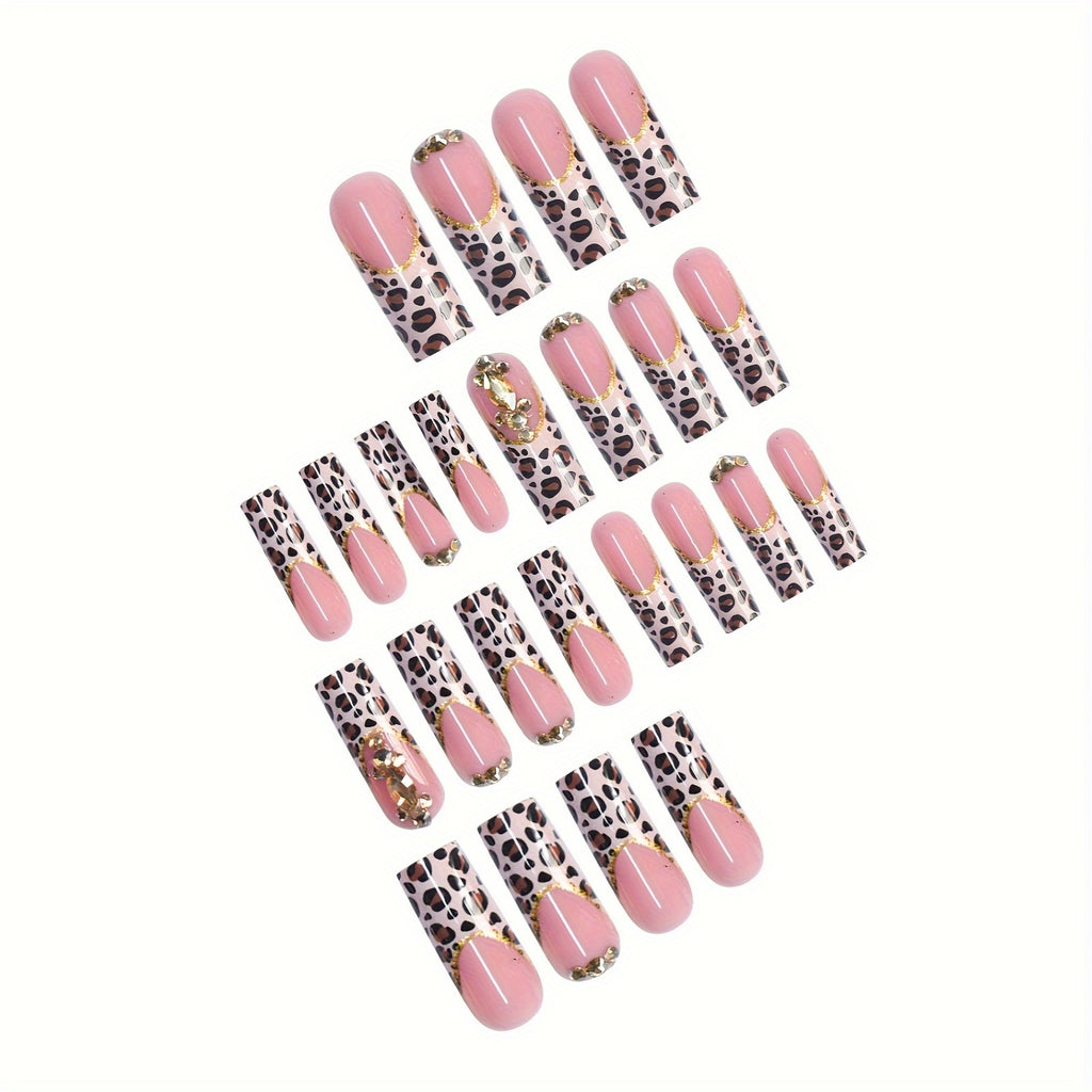 A Set of 24 Long Coffin-Shaped False Nails, Fashionable, Sweet And Cool Leopard Print, Luxurious Golden Diamond-Shaped Diamonds, Suitable for All Women And, Nail Polish And Jelly Glue Are Included in The Box, Easy to Stick An