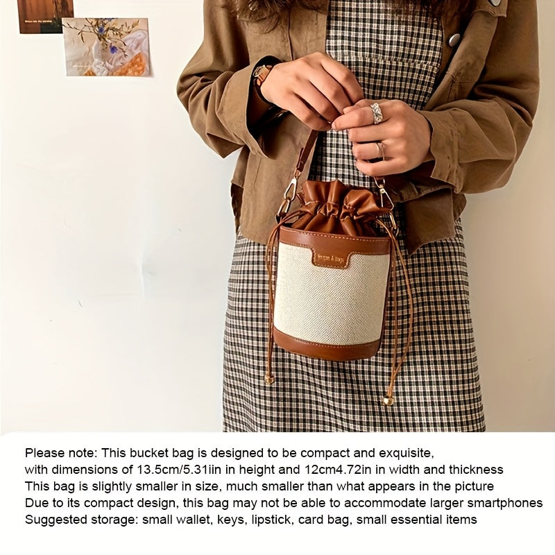 [Vintage Bucket Bag] Lightweight Vintage Style Shoulder Bucket Bag for Women | Messenger Bag with Adjustable Strap, Drawstring Closure, Polyester Lined, No Pattern - Crossbody Bag