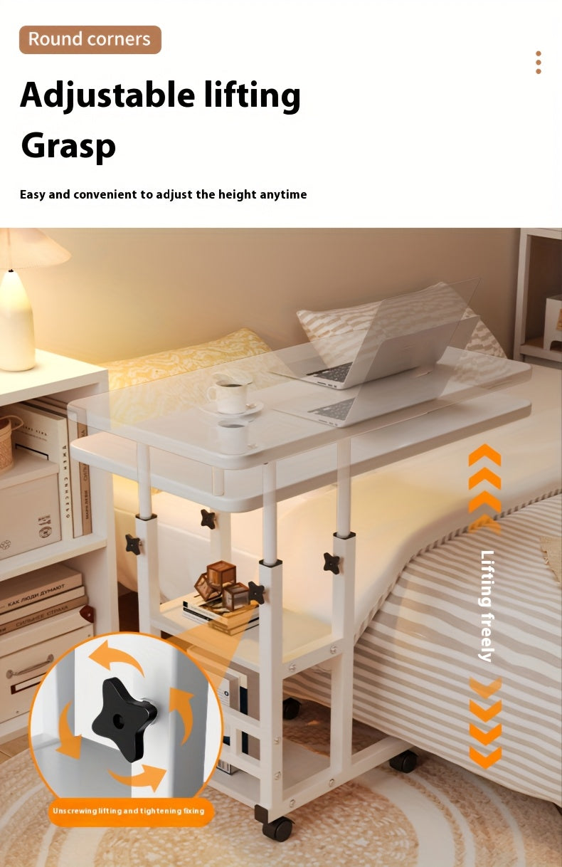 [Mobile Laptop Table] Height-Adjustable Mobile Laptop Table - 4-Wheel Rolling Study/Workstation Desk with Dual Shelves for Bedside/Dorm/Office Use, Sturdy Modern Finish (Space-Saving Design)