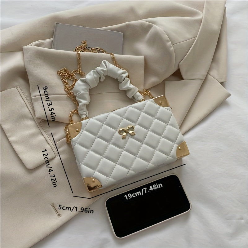Elegant Quilted Diamond Pattern Mini Box Bag with Bow Accent - Women's Ruched Handle & Chain Strap   in Orange, Pink, White, Green, Black | Faux Synthetic Leather, Faux Fur Lined, Ladies Handbags