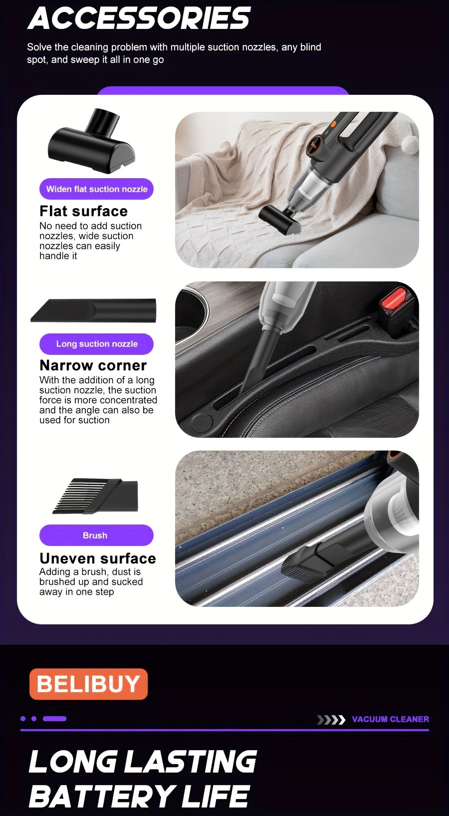 [Super Powerful Cordless Vacuum] BELIBUY 200W Super Powerful Cordless Handheld Vacuum Cleaner | 3KPa Suction, Portable Lightweight Design with Integrated Blower & Crevice Tool, Rechargeable Battery, USB Charging for Home & Ca