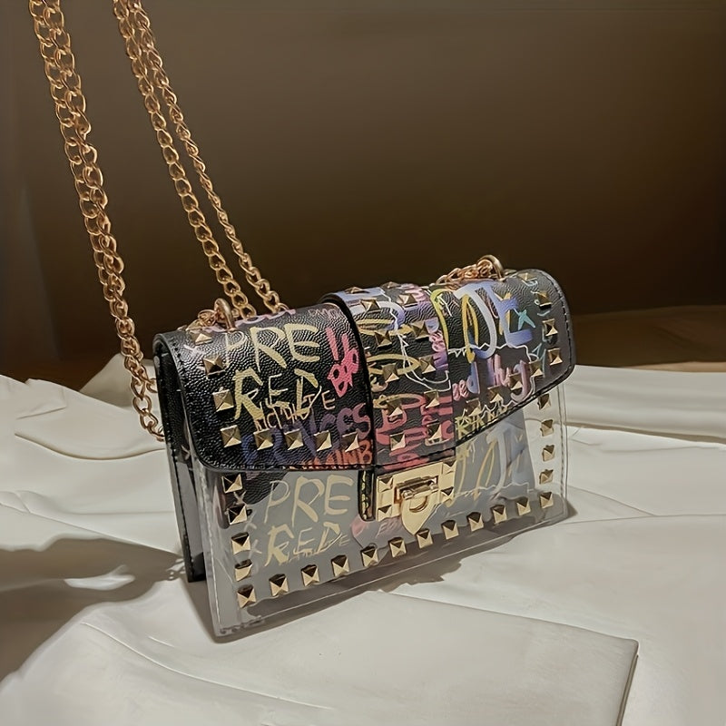 Chic Graffiti-Style Crossbody Bag, Mixed Color Transparent Shoulder Purse with Golden-Tone Hardware, Fashionable and Versatile, Secure Zip Closure, Casual Accessory|Graffiti Artistry|Goldtone Chain, Small Crossbody Bag