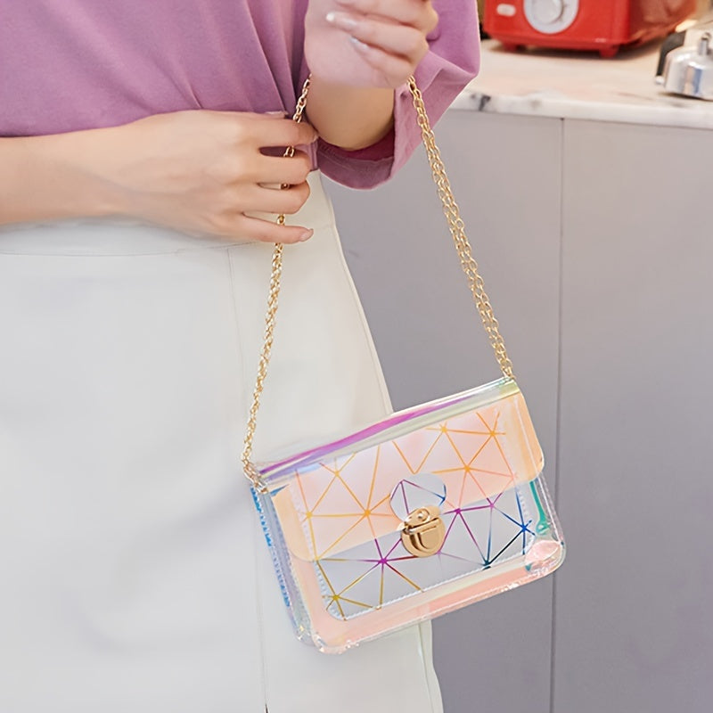 Chic Laser-Cut Transparent Crossbody Bag for Women - Fashionable Striped PVC Shoulder Purse with Chain Strap, Versatile & Colorful