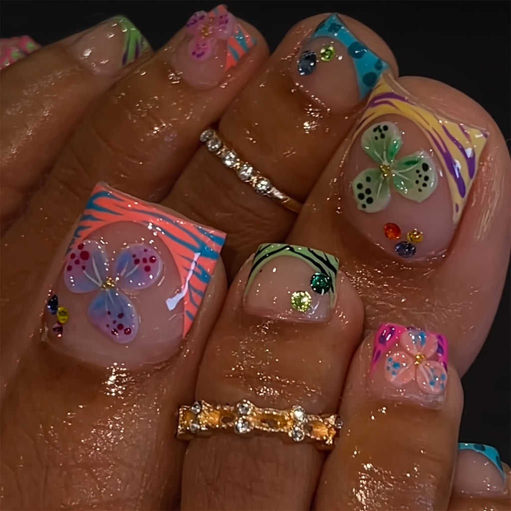 24 square short toe nails summer soda style Golden flower core three-petal flower dopamine Glitter blue purple black water ripple French edge spring green small flowers crylic press on nails sweet cool, beach vacation must-ha