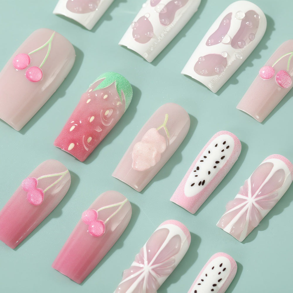 24pcs Hand-Painted 3D Cherry Strawberry Bow & Pink Glitter False Nails Set - Kawaii Anime Style Press-On Nails with White Tips, Medium Length Square Fake Nails for Women, Parties, Weddings, Prom (No Glue Needed)