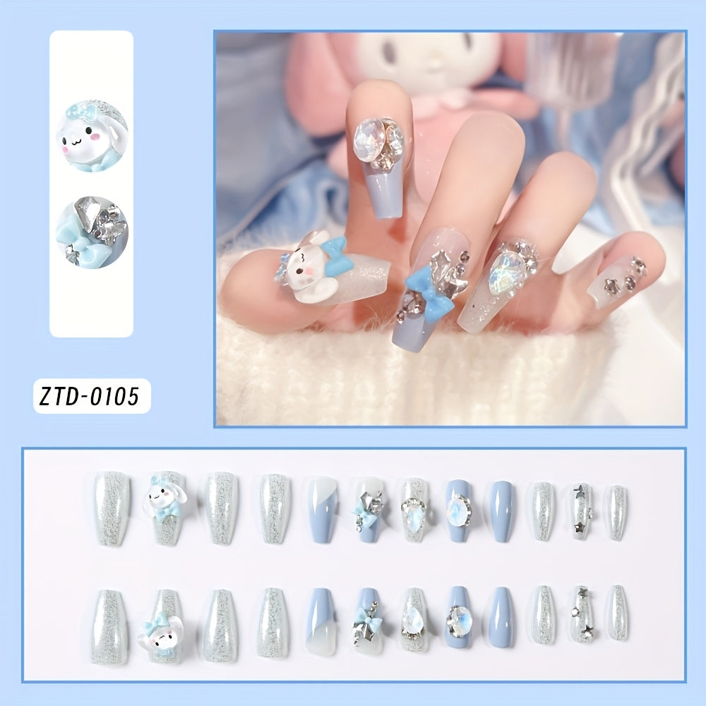 [Playful Nail Design] 24pcs Sanrio Cinnamoroll Press-On Nails | Silvery Glitter, Ballet Style, Full Cover, Glossy Finish, Cartoon Design, Medium Length, ABS Material, Manicure & Pedicure, Nail Art Accessories