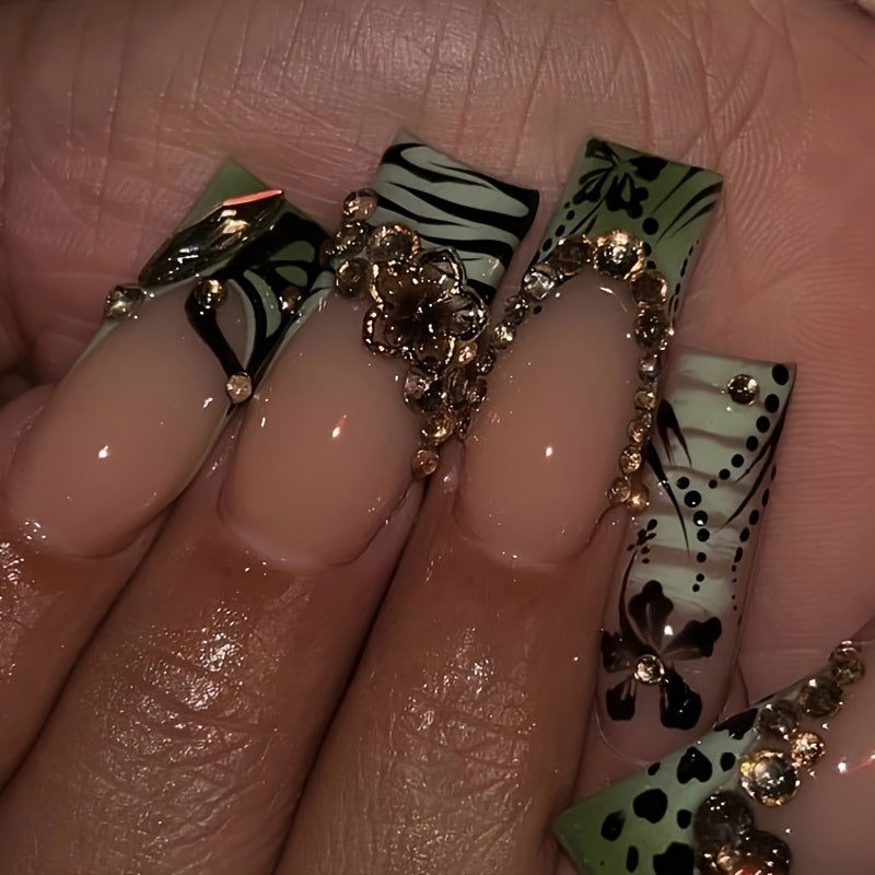 10pcs Handmade Press On Nails Green French Tip Fake Nails with Leopard Zebra Print Design, 3D Butterfly Rhinestone Stick On Nails, Glossy Long Coffin False Nails for Women Girls