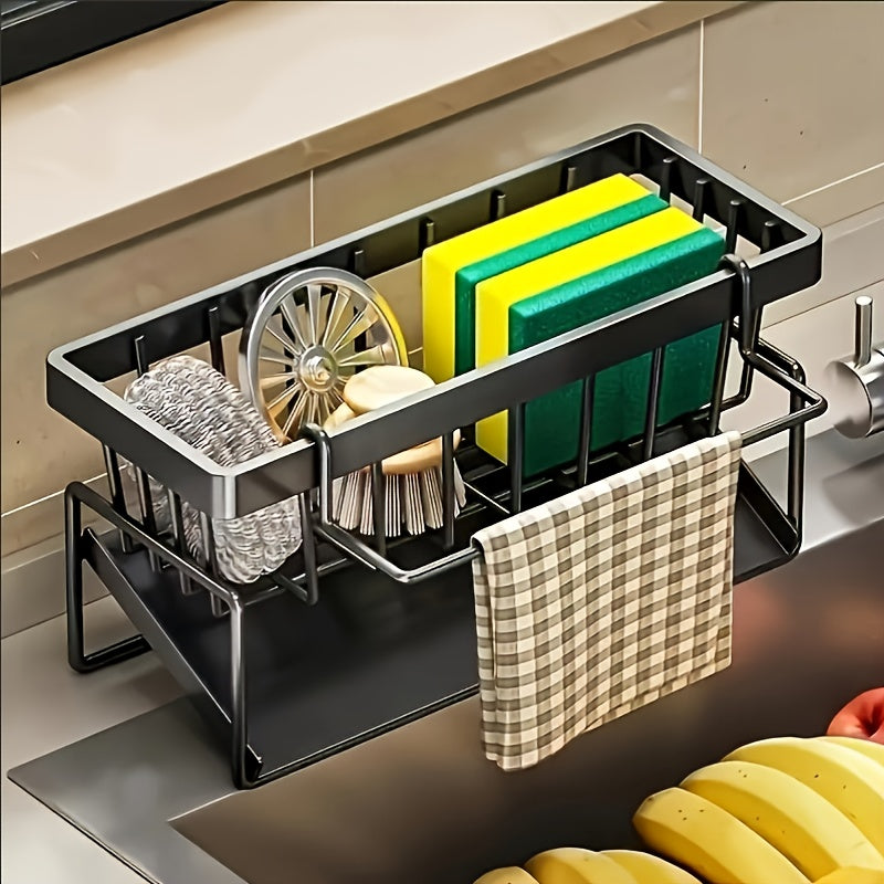 Heavy-Duty Metal Kitchen Sink Organizer Tray - Sink Drainage Rack with Built-in Sponge Holder, Dish Brush Slot - Space-Saving Countertop Organizer, Compatible with Standard Sinks - Easy to Clean Kitchen Storage Rack, Compact