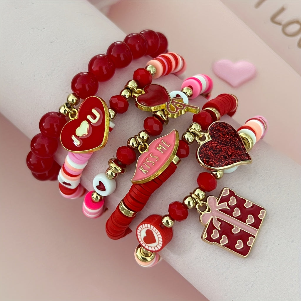 5pcs Valentine's Day Soft Clay Bead & Heart Charm Bracelets Compatible for Couples - Elastic Stretch Beads, Love Token Gift, Everyday (No Metal, Year-Round Wear)