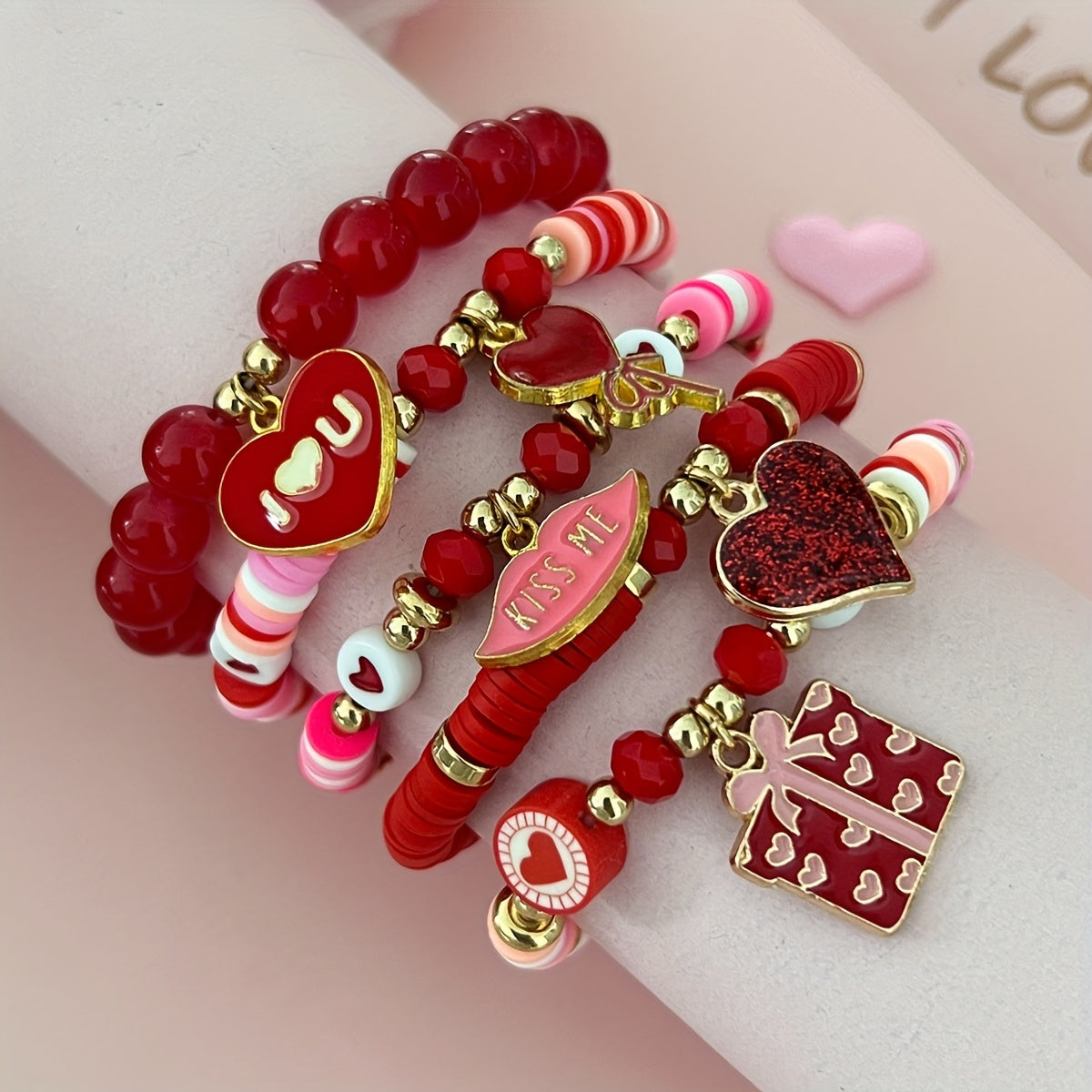 5pcs Valentine's Day Soft Clay Bead & Heart Charm Bracelets Compatible for Couples - Elastic Stretch Beads, Love Token Gift, Everyday (No Metal, Year-Round Wear)