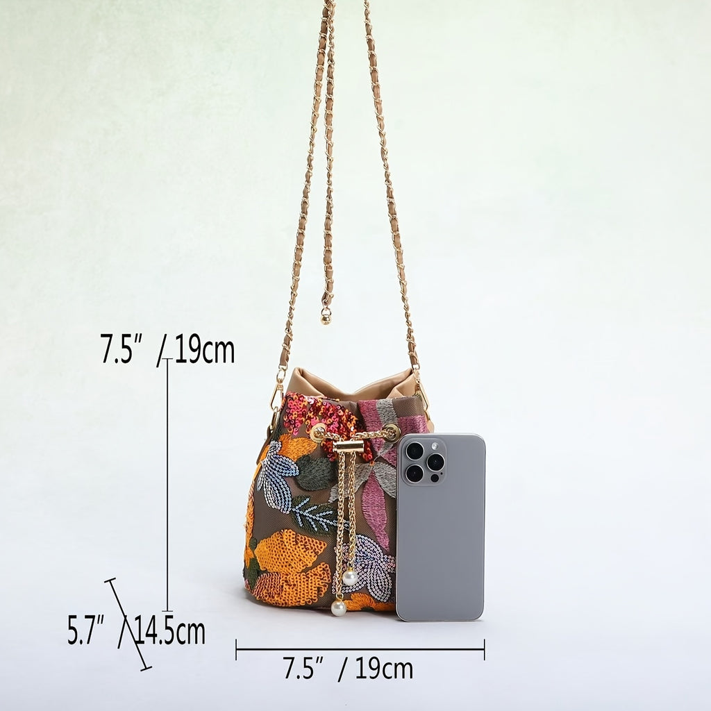 Elegant Retro Chinese Style Floral Sequin Bucket Bag for Women - Nylon Crossbody with Golden Chain Strap, Drawstring Closure, and Vibrant Purple & Red Patchwork Design, Ladies Bag