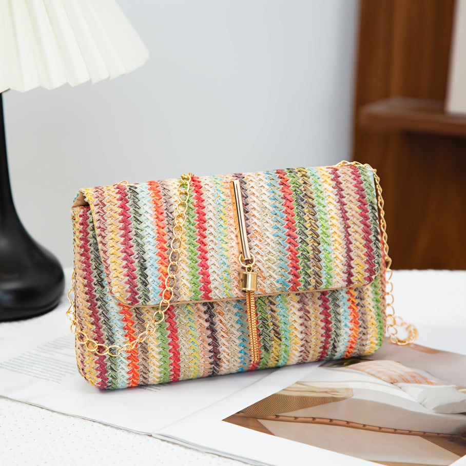 Women's Woven Geometric Pattern Shoulder Bag with Tassel Accents - Detachable Golden Chain Strap & Magnetic Closure, Multicolor Synthetic Material for Urban Chic Style, Novelty Purse, Versatile Fashion Accessory, Polyester Ha